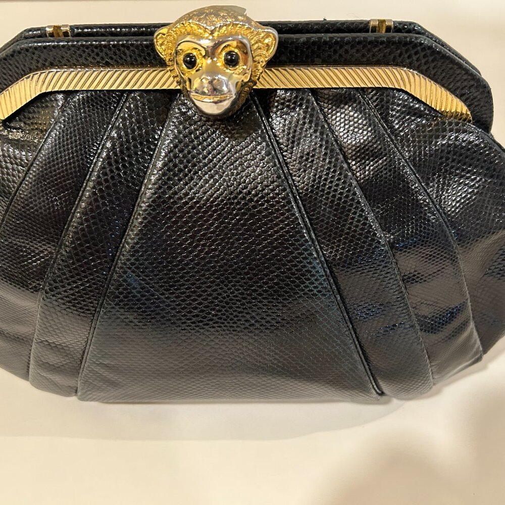 Rare Vintage Judith Leiber Black Leather with Monkey Face Clasp Handbag